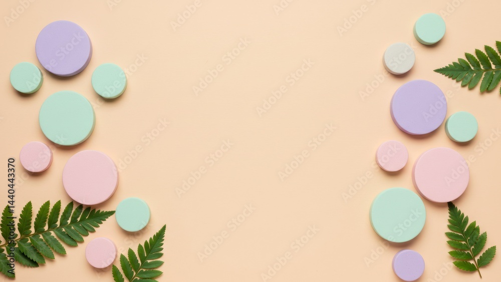 Fototapeta premium Pastel circles with ferns on a beige background