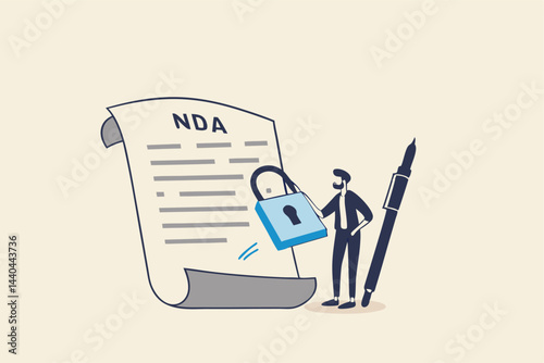 NDA, Non disclosure agreement contract signing, legal confidential document for working employee acknowledge concept, confidence businessman holding signing pen with NDA locked with padlock document.