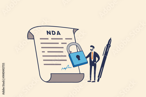 NDA, Non disclosure agreement contract signing, legal confidential document for working employee acknowledge concept, confidence businessman holding signing pen with NDA locked with padlock document.