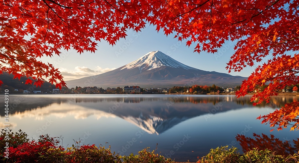 Fototapeta premium Red autumn leaves by serene lake view.