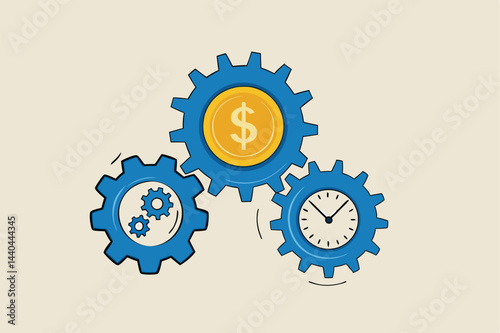 Effort and time to make money, success long term investment, deadline effect to make people finish work concept, businessman running with full effort inside gear cogs to spin time and money gears