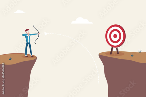 Terribly missed target, failure or mistake, fail to achieve goal, big error or wasted effort concept, overconfidence businessman archery terribly missed target.