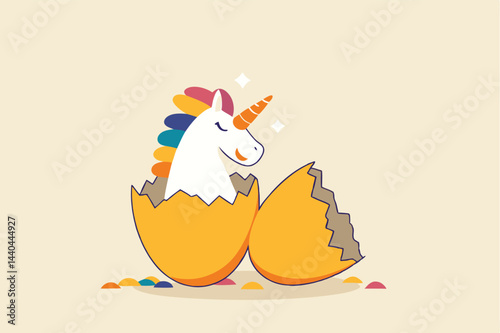 Unicorn startup company, venture capital to fund small company to success in world business competition, begin or start new company concept, precious unicorn with rainbow just hatch from golden egg.