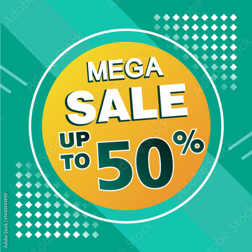 mega sale promotional banner design offering up to 50 percent discount with a vibrant yellow and blue theme ideal for online shopping offers, marketing advertisements, and sales promotions