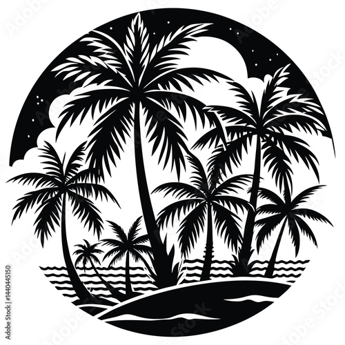 Illustration of Silhouette Tropical Beach Palm Trees in Circle Design