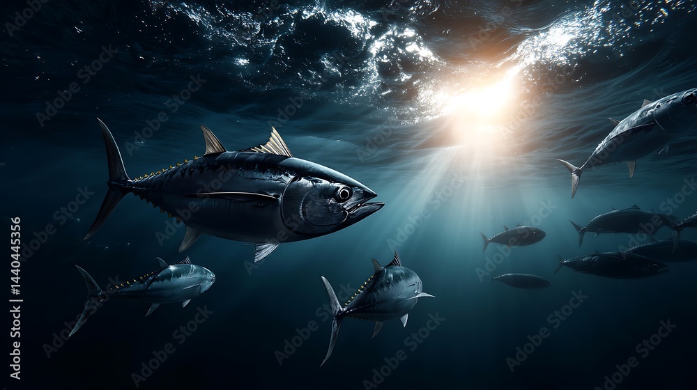 Fototapeta premium Underwater photography of a tuna school in deep sea ocean wildlife scene with sunlight and marine life
