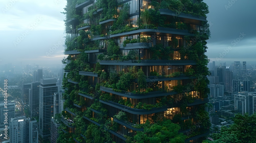 Obraz premium Modern ecological skyscraper exterior covered with lush vegetation, presenting a view of urban skyline at twilight