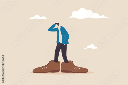 Work responsibility, put right man in the right job, working skill to fit job position, anticipation to be promoted, mistake or problem concept, frustrated businessman trying to put too big shoes.