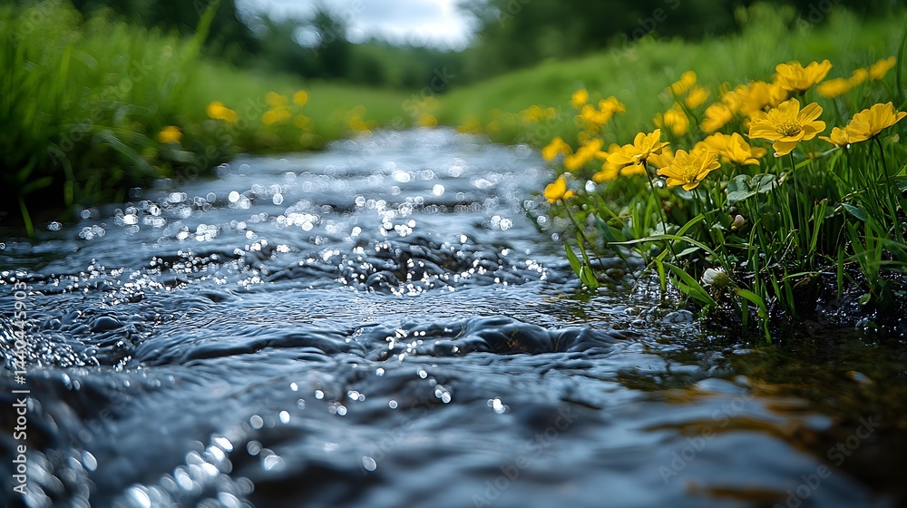 Fototapeta premium Brook bubbling with sunlight, flowing through green grass and golden buttercups, sparkling in daylight for serene nature scene