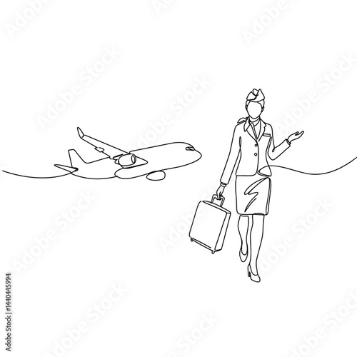 Airline Stewardess Walking with Suitcase Near Airplane  