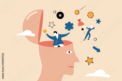 Declutter your mind, clear your brain to regain focus improve creative thinking ability, free up memory concept, ambitious businessman declutter, clean and clear all messy anxiety from his big head.