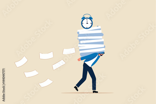 Busy workload and deadline causing exhaustion and burnout, overload or overworked office routine concept, tired businessman carrying heavy documents paperwork with alarm clock deadline on top.