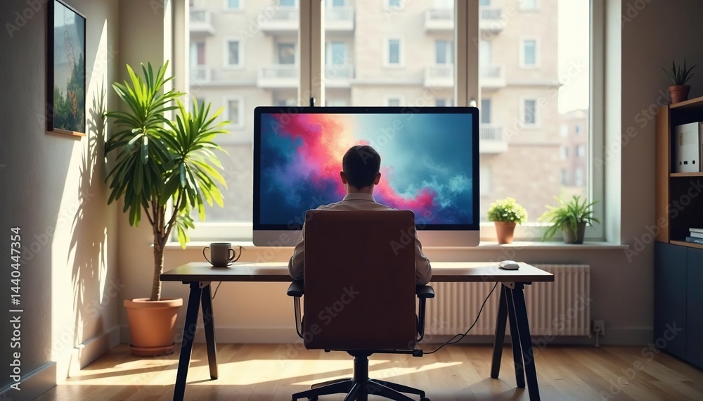 Fototapeta premium Empty chair facing computer screen, bright room , empty, waiting