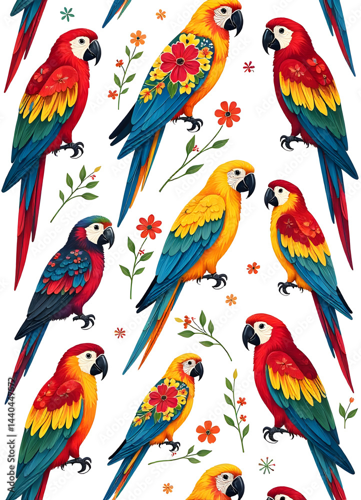 Obraz premium Beautiful seamless pattern with various colorful parrots and floral elements on a white backdrop.