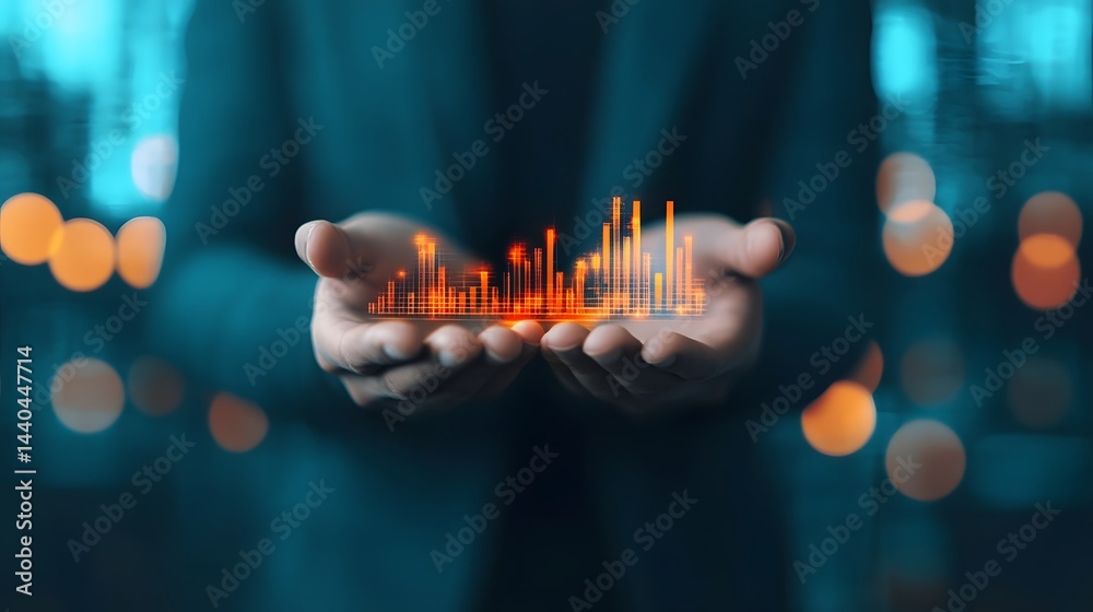 Futuristic Data Visualization in Business Hands Showcases Financial Analytics and Market Trends