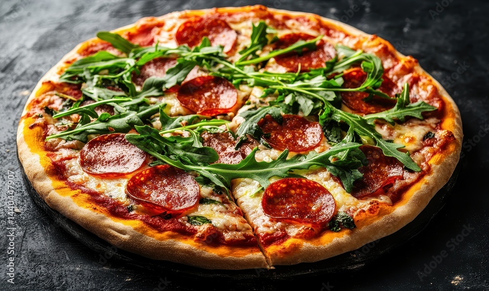 Freshly Baked Pepperoni Pizza with Arugula on Rustic Dark Background for Culinary and Food Photography Freshly Baked Pepperoni Pizza with Arugula on Rustic Dark Background for Culinary and Food Photography