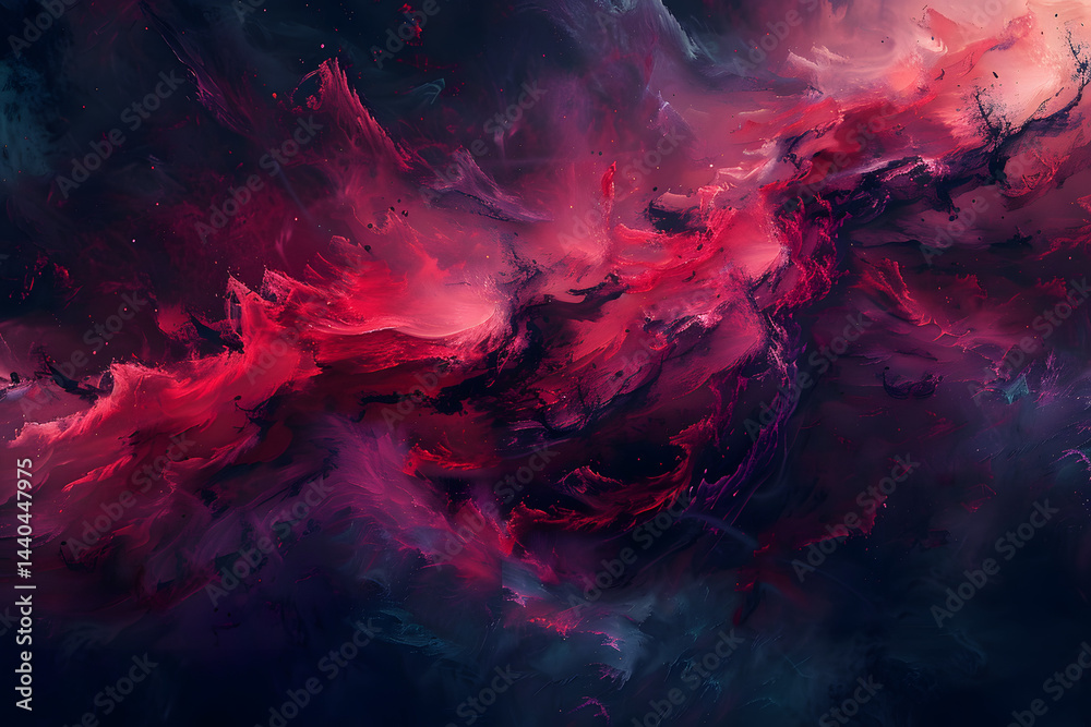 Fototapeta premium Dark fluid background was enriched by vivid crimson red splashes in motion
