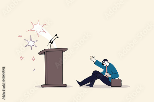 Fear of public speaking, nervous or stress to talk on stage, podium phobia, shy and frightening to give speech to people, fearful nervous businessman sitting hidden behind public speaking podium.