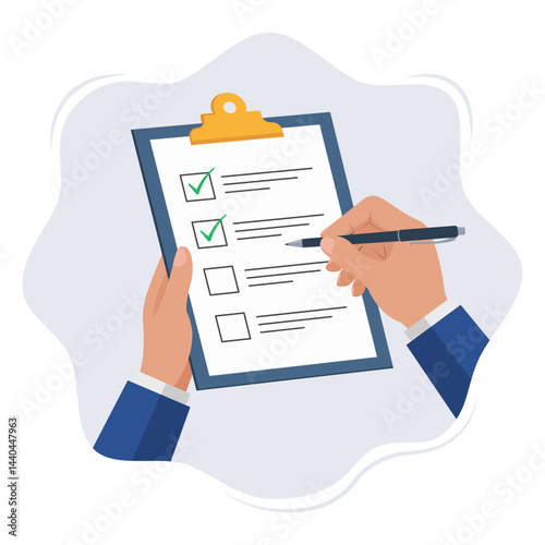 Hands holding clipboard with checklist with green check marks and pen. Flat vector illustration for task planning, productivity, project management, to do lists, surveys, and goal tracking concepts.