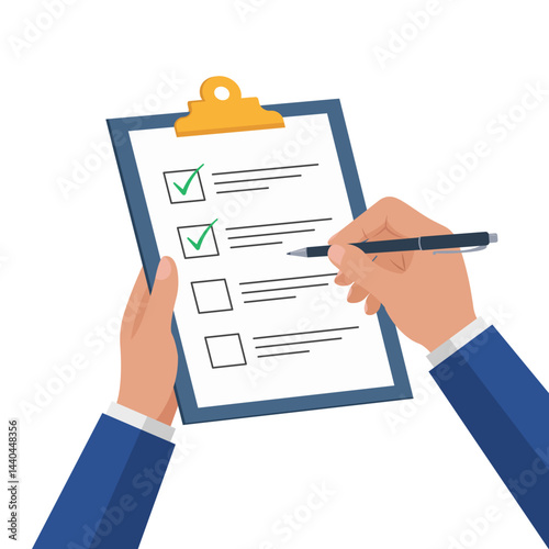Businessman hands holding clipboard with checklist with green check marks and pen. Flat vector illustration for task planning, productivity, project management, to do lists, surveys, and goal tracking