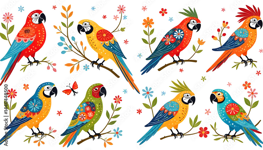 Obraz premium A vibrant illustration showcasing a collection of colorful parrots adorned with floral designs and details.