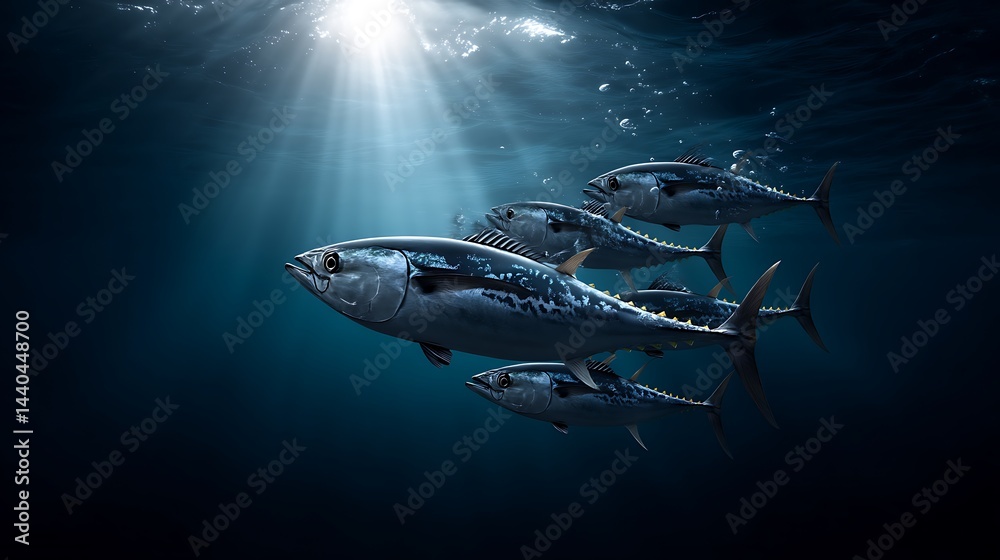 Fototapeta premium Underwater photography of yellowfin tuna school in deep sea ocean wildlife scene with sunbeams and marine life