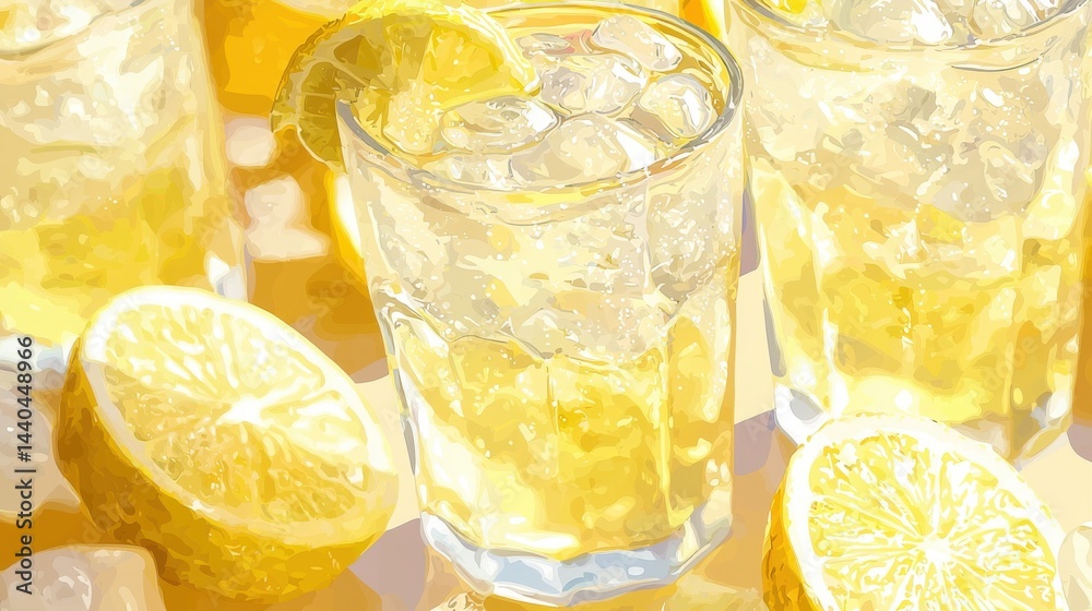 Refreshing Lemonade with Ice and Lemon Slices in Clear Glasses for Cooling Summer Drink Enjoyment Refreshing Lemonade with Ice and Lemon Slices in Clear Glasses for Cooling Summer Drink Enjoyment