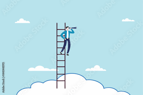 Success ladder for business opportunity, looking for new job or career path, leadership discovery or searching for success concept, smart businessman climb up ladder look through telescope visionary.