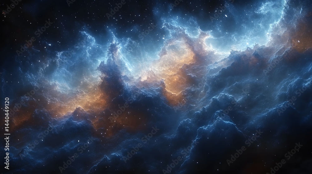 Fototapeta premium Dramatic cosmic vista displaying celestial clouds, starry skies, space dust, and shimmering light creating an ethereal expanse