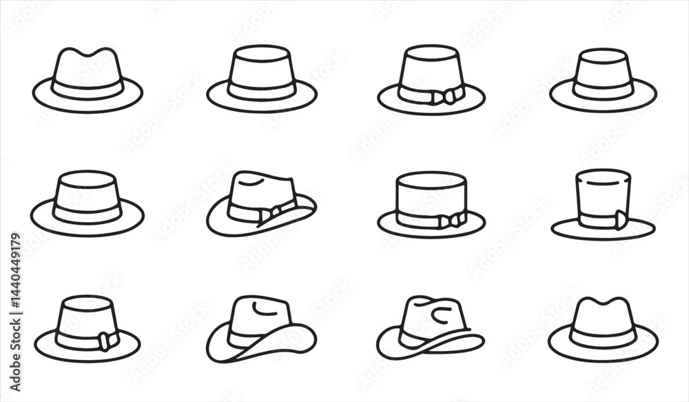 Vector design of 16 hat icons in different styles for fashion and accessory design projects. Vector design of 16 hat icons in different styles for fashion and accessory design projects.