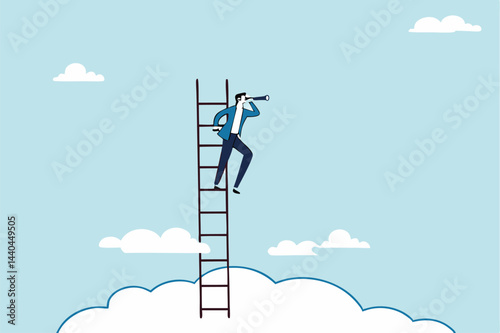Success ladder for business opportunity, looking for new job or career path, leadership discovery or searching for success concept, smart businessman climb up ladder look through telescope visionary.