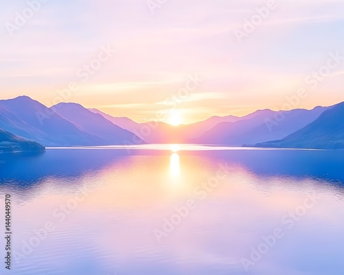 Serene sunrise over calm lake, pastel mountains reflecting in tranquil water