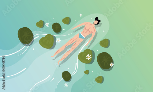 Illustration of a person floating peacefully in a lily pond with summer light tones