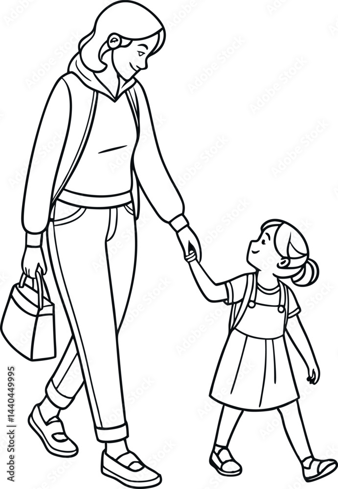 Fototapeta premium Emotional Mother and Daughter Line Drawing