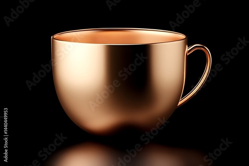A gleaming copper mug with a curved handle sits on a reflective black surface