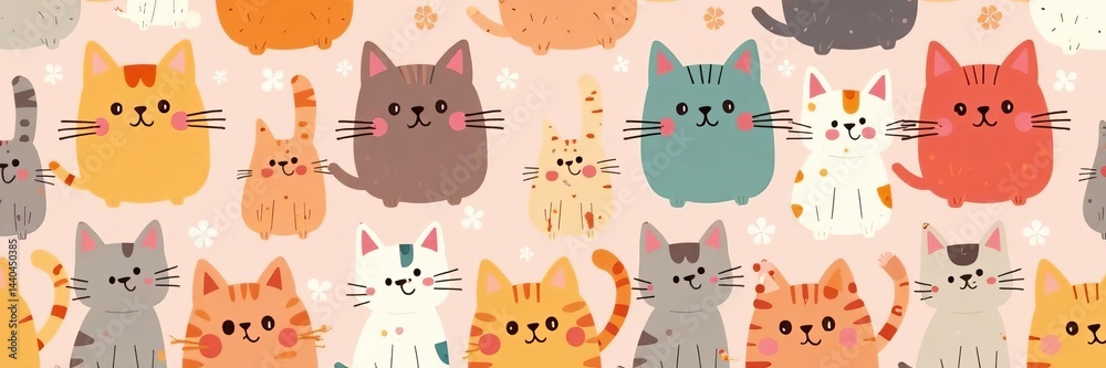 Obraz premium Cute cartoon cats in different colors arranged in a seamless pattern on a pastel background, pattern, pastel, cartoon