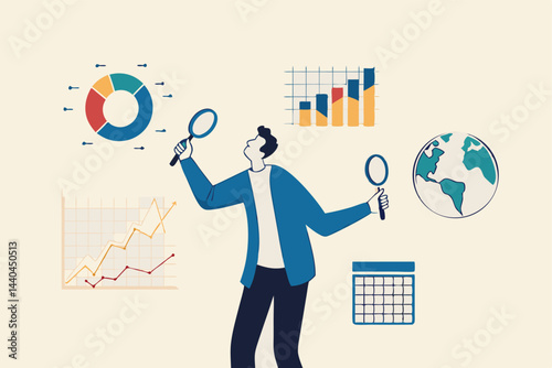 Business analysis, calculate or research for market growth, financial report, investment data or sale information concept, smart businessman analyst holding magnifying glass analyze graph and chart.
