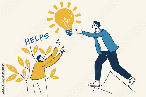 Helpful tips for business, useful ideas or smart trick to success, advice or suggestion information for improvement concept, smart businessman holding lightbulb ideas balloon telling helpful tips.