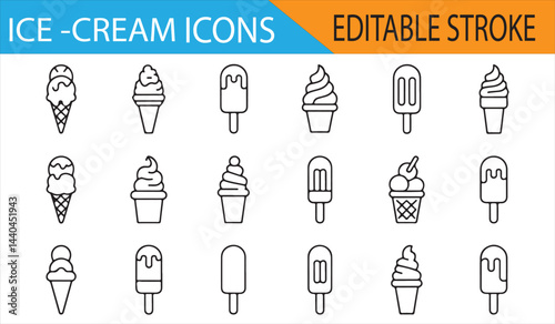 Ice cream icons in editable stroke style, showcasing different frozen treats like cones and popsicles.

