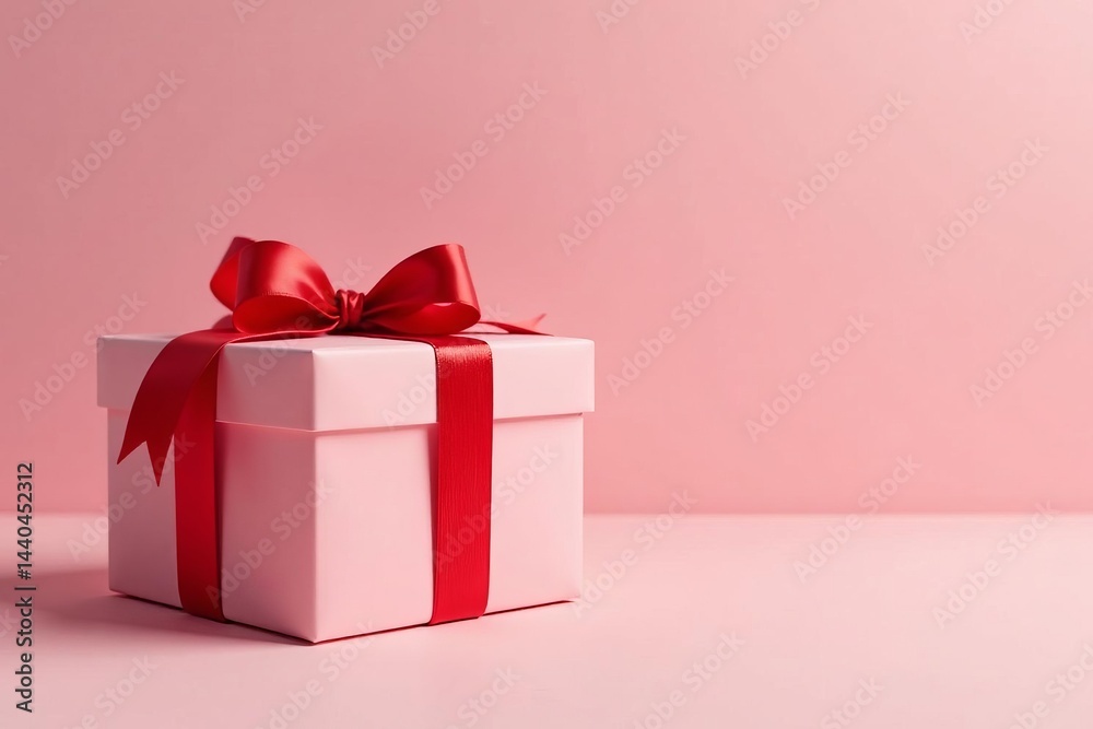 Dainty present box adorned with red ribbon and bow on clean backdrop, Red, Present, Clean Dainty present box adorned with red ribbon and bow on clean backdrop, Red, Present, Clean