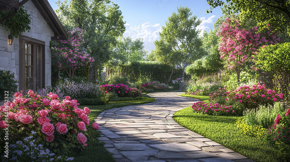 beautiful garden pathway surrounded by blooming flowers and lush greenery creates serene beautiful garden pathway surrounded by blooming flowers and lush greenery creates serene