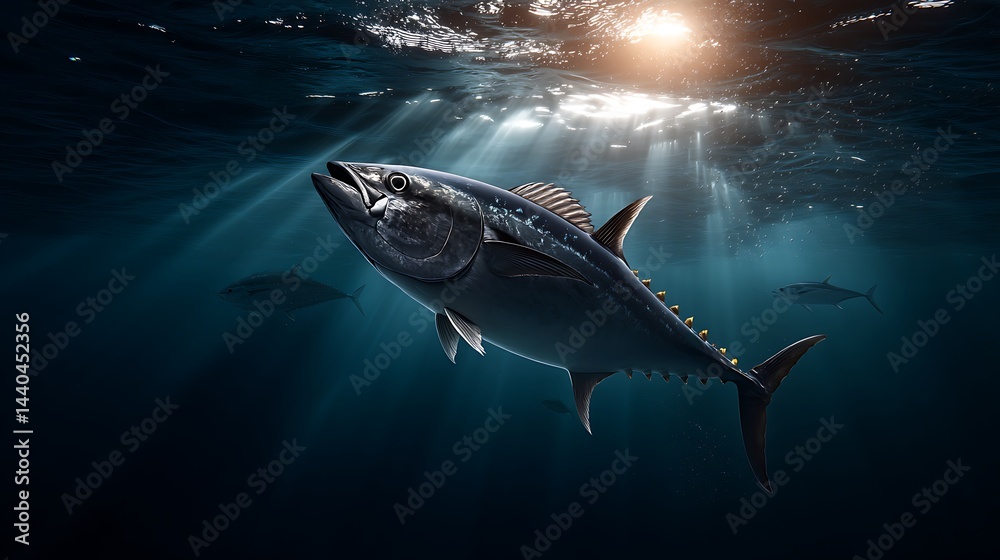 Fototapeta premium Yellowfin tuna school underwater photography in deep sea ocean wildlife scene with sunlight and marine life