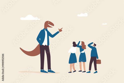 Corporate dinosaur, outdated boss refusing to change anything, bad leader or office ancient problem concept, funny dinosaur raptor businessman senior management talking with colleagues in the office.
