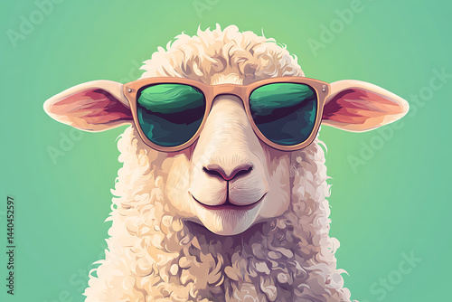 Cool sheep wearing sunglasses against a vibrant green background, exuding a playful vibe
