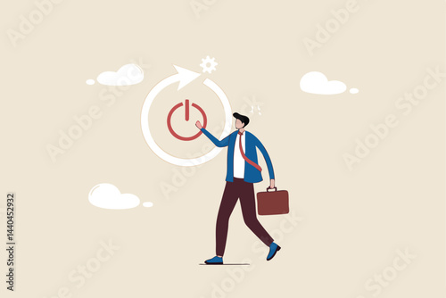 Time to reboot business or career, refresh working energy or restart new journey, change to improve outcome concept, smart businessman carefully reach his finger to press reboot or restart button.