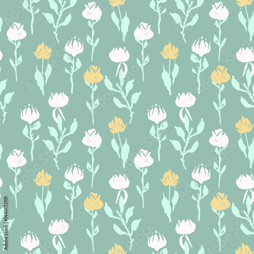 Seamless pattern with hand drawn pastel flowers. Loose botanical repeat background. Rough florals wallpaper.