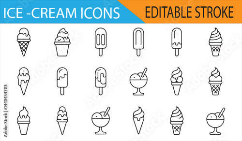 Set of editable stroke ice cream icons featuring cones, popsicles, and sundaes.