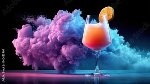 Vibrant cocktail glass with orange slice in colorful cloud