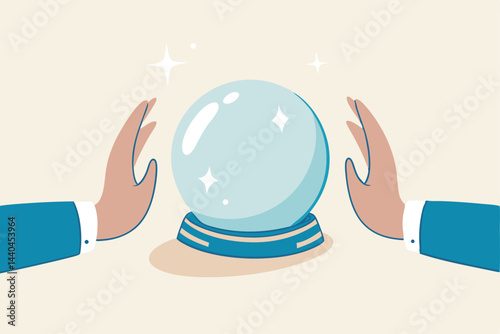 Business forecast, investment stock market prediction or super power to see future, fortune teller to see opportunity concept, businessman hand with magical power see forecasting on crystal magic ball