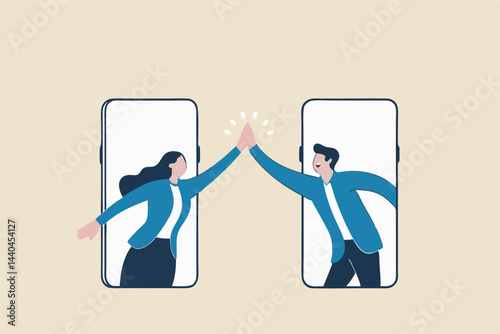 Virtual hi five for success collaboration, remote working or online greeting for business achievement, online video conference concept, happy businessman and businesswoman hi five from mobile phone.